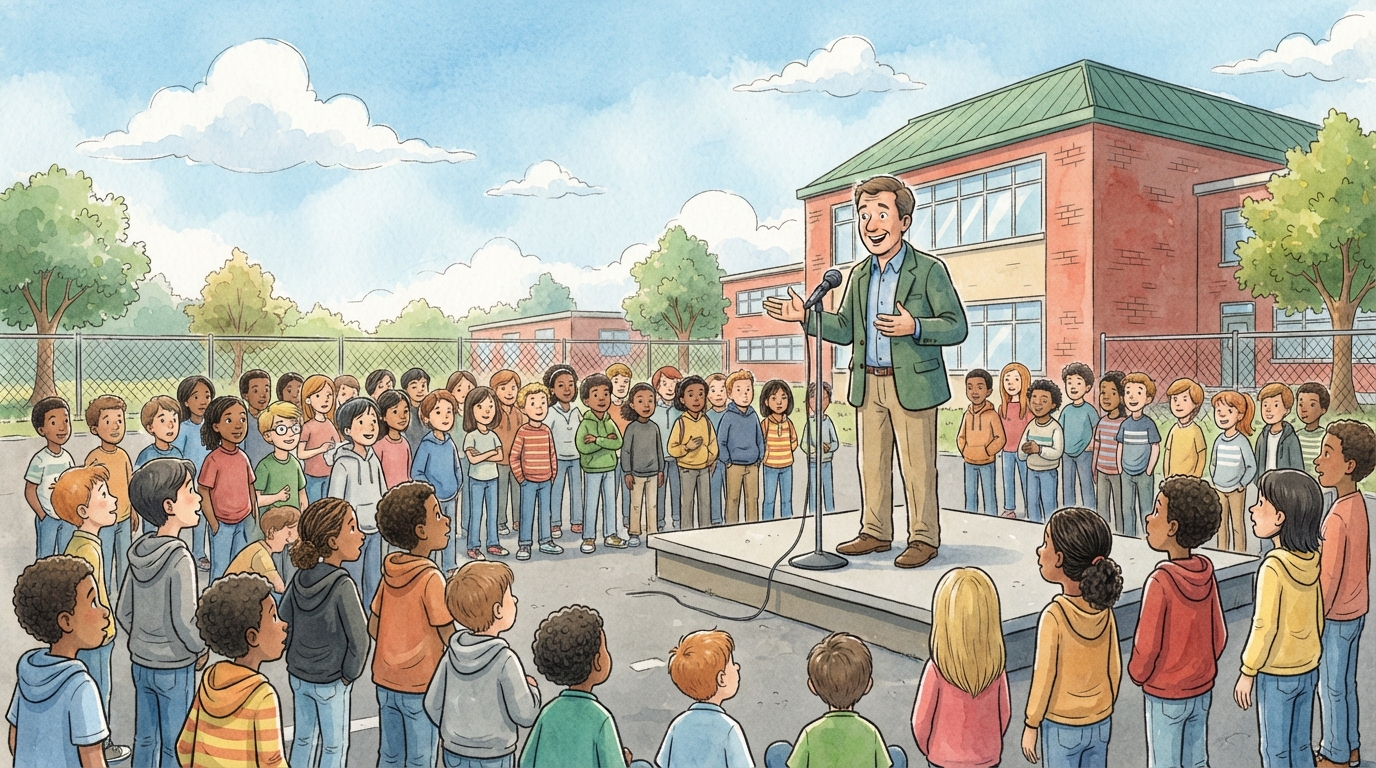 Le directeur de l'école s'adresse aux élèves rassemblés dans la cour pour annoncer un concours de décoration de classe